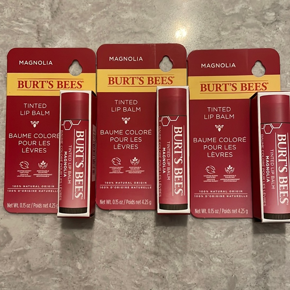 Three brand new in box and sealed Burt’s Bees tinted lip balm in “Magnolia”